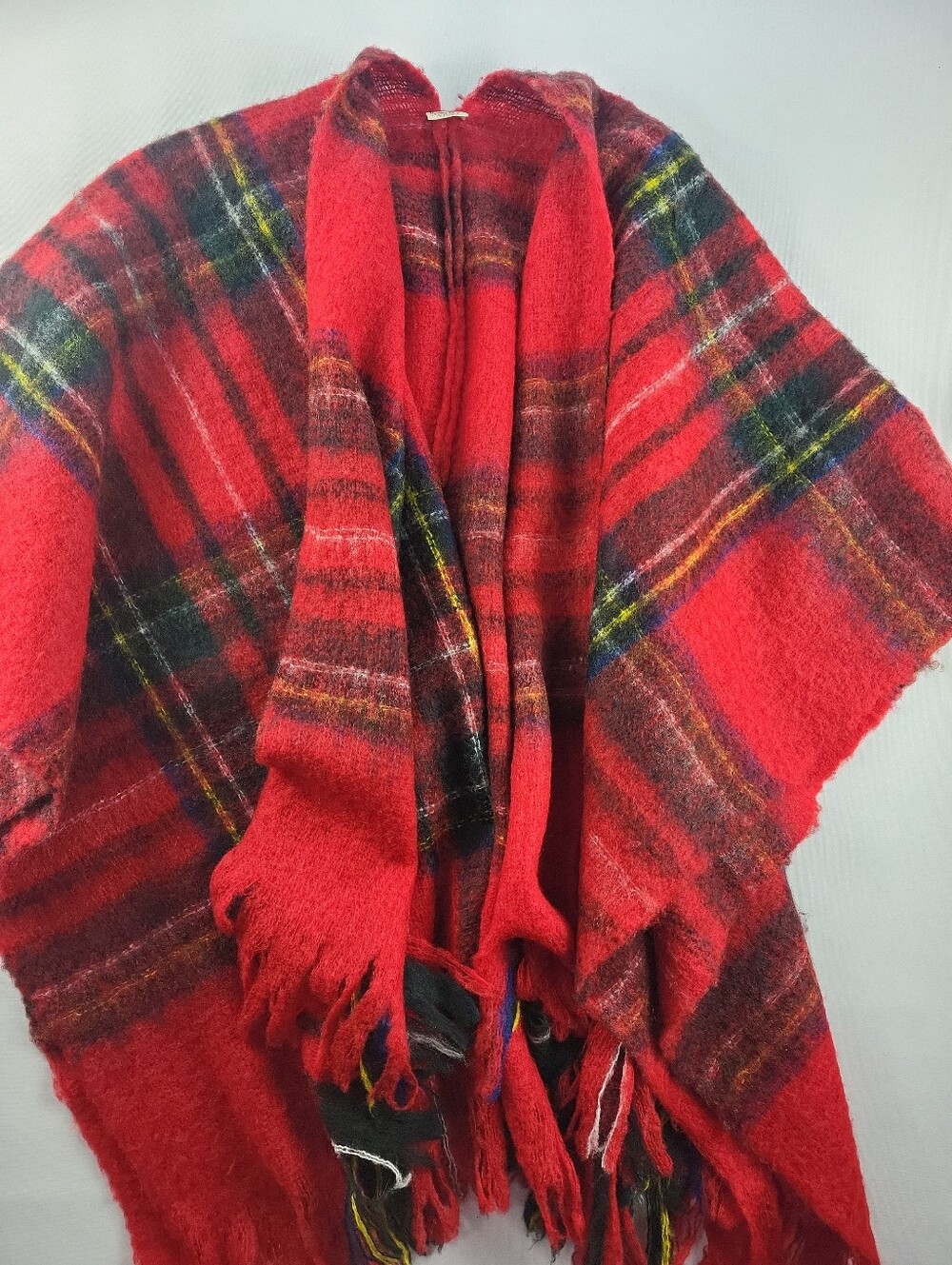 Vintage Eaton's Red Tartan Plaid Fringe Wool Blend Wrap Poncho Made In Japan